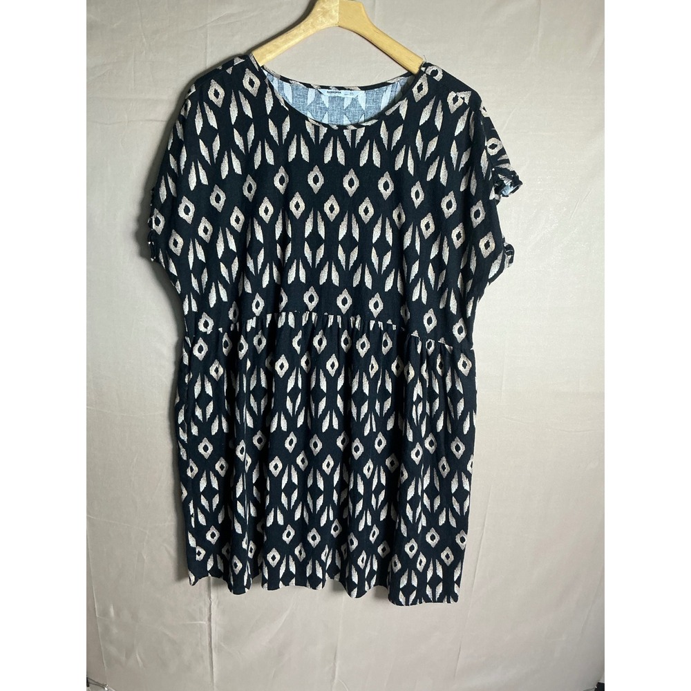 Sonoma Goods For Life XXL Black Tan Ikat Diamond Linen Blend Babydoll Dress